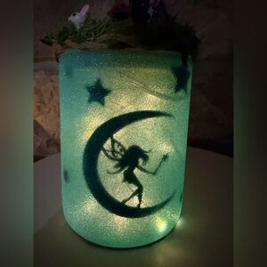 Handcrafted Teal Fairy Moon Glass Lantern - Home Accents